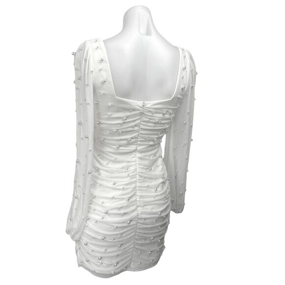 Lulus Admirably Divine White Mesh Pearl Beaded Long Sleeve Mini Bodycon Dress S - Picture 2 of 6